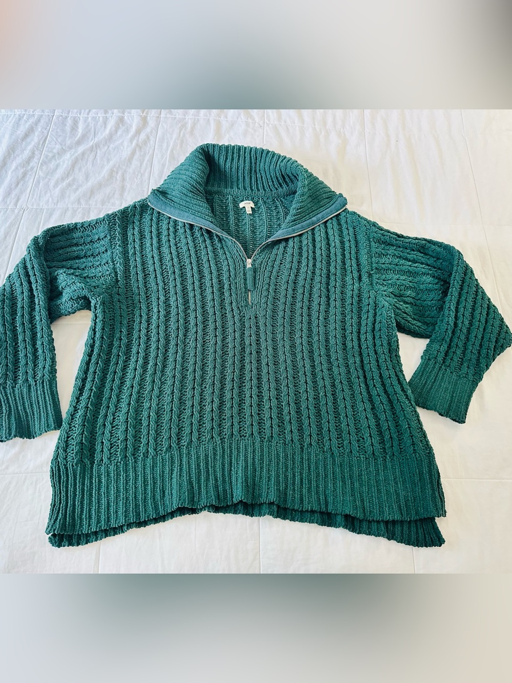 Aerie Cable Car Knit Quarter Zip Deep Forest Green Chenille Sweater L - Picture 8 of 13